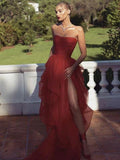 Red Tulle Strapless Split Front Ruffles Long Prom Evening Dresses DM1998