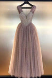 Charming Beaded V-neck Prom Dresses A Line Floor Length Evening Gowns DMN84