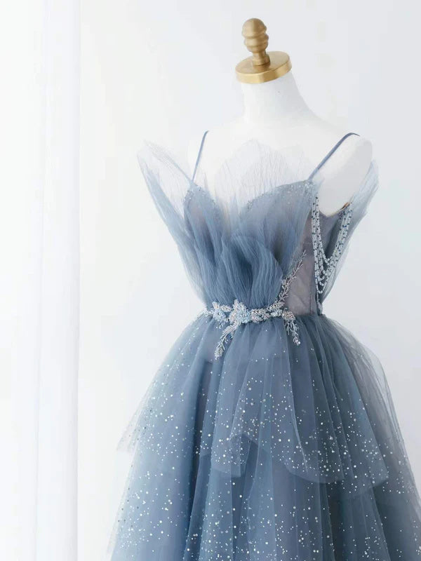 Dusty Blue Sparkly Tulle Beaded Prom Dress, Tiered Formal Gown With Rhinestone DM1932