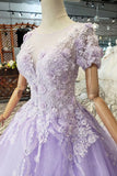 Lilac Ball Gown Short Sleeves Prom Dresses with Lace, Quinceanera Dress DML41