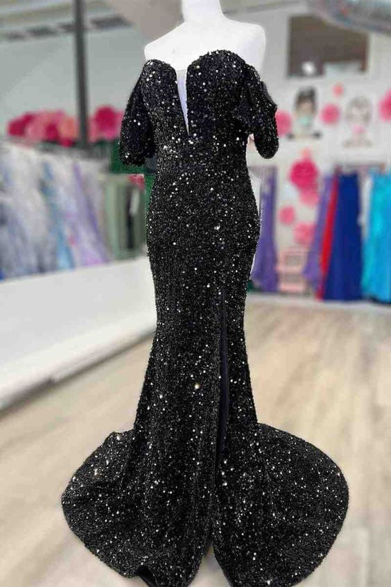 Mermaid Long Red Puff Sleeves Prom Dress Sparkly Sequined with Side Sl Bellapromdress Mermaid Long Red Puff Sleeves Prom Dress Sparkly Sequined with Side Sl Bellapromdress