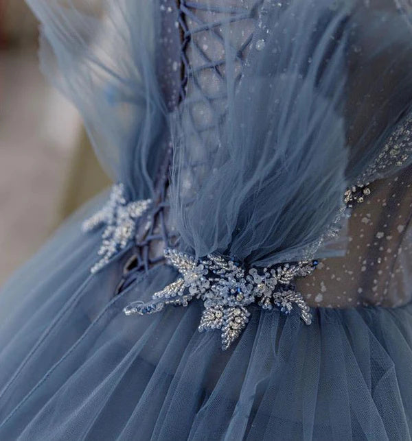 Dusty Blue Sparkly Tulle Beaded Prom Dress, Tiered Formal Gown With Rhinestone DM1932