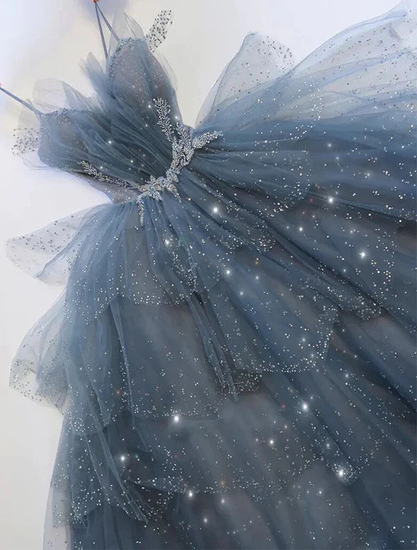 Dusty Blue Sparkly Tulle Beaded Prom Dress, Tiered Formal Gown With Rhinestone DM1932