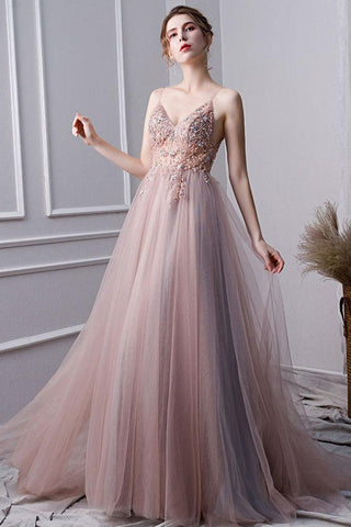 Pink A Line Spaghetti Straps Tulle Beaded Prom Dresses With Appliques DML25