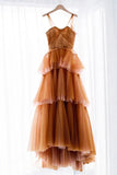 Orange Off the Shoulder Tulle Tiered Long Prom Dress, A Line Evening Gown DMP226