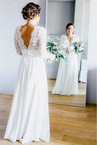 3/4 Sleeves Chiffon Beach Wedding Dress with Lace, V Neck Backless Bridal Dress DMN90