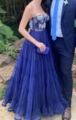 A Line Navy Blue Long Prom Dresses, Popular Sweetheart Tulle Evening Dresses DMP269