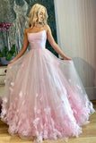 Light Pink Spaghetti Straps Long Prom Dresses, 3D Flowers Evening Dresses DMQ85