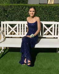 Navy Blue Sequin Long Prom Dresses Mermaid Cross Back Evening Party Dresses DM1939