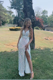 Sexy White Mermaid Prom Dress, Sequin Long Evening Dresses, Criss Cross Back Formal Gown DM1941