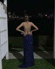 Navy Blue Sequin Long Prom Dresses Mermaid Cross Back Evening Party Dresses DM1939