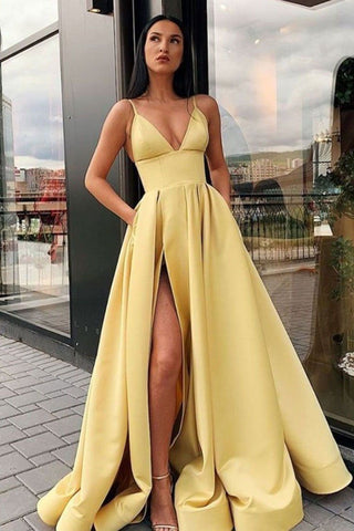 Charming A Line Spaghetti Straps Yellow Prom Dresses with Split Front DMQ86