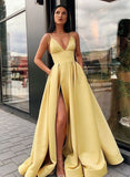 Charming A Line Spaghetti Straps Yellow Prom Dresses with Split Front DMQ86
