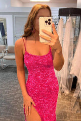 Hot Pink Sequin Prom Dresses with Slit Mermaid Spaghetti Strap Evening Dress DMP285
