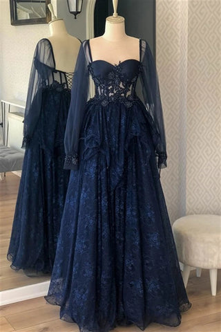 Navy Blue A line Lace Long Sleeves Prom Dresses Formal Evening Dresses with Slit DMP238