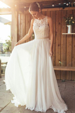 Elegant A-Line Round Neck Chiffon with Lace,Beach Boho Wedding Dresses DMM88