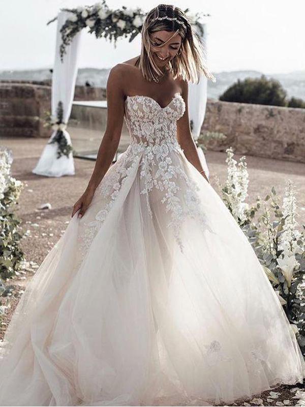 A Line Sweetheart Long Cheap Tulle Wedding Dresses with Lace Appliques – Bellapromdress