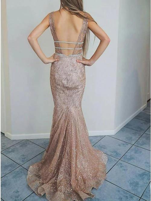 Mermaid V-Neck Backless Glitter Formal Evening Prom Dresses DMN5