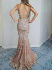 Mermaid V-Neck Backless Glitter Formal Evening Prom Dresses DMN5