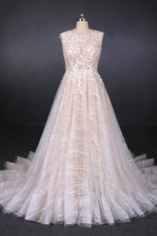 A Line Lace Sleeveless Elegant Wedding Dress, Backless Long Bridal Dresses DMQ27