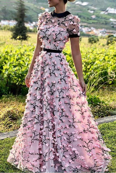 Floral Long Short Sleeves Cheap Prom Dresses with Appliques DMN12