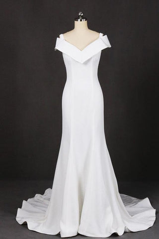 Mermaid V Neck Off White Simple Wedding Dress, Long Bridal Dresses DMQ18