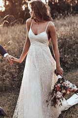 Backless Straps Long A-line Lace Simple Bridal Gown Wedding Dresses DMM79