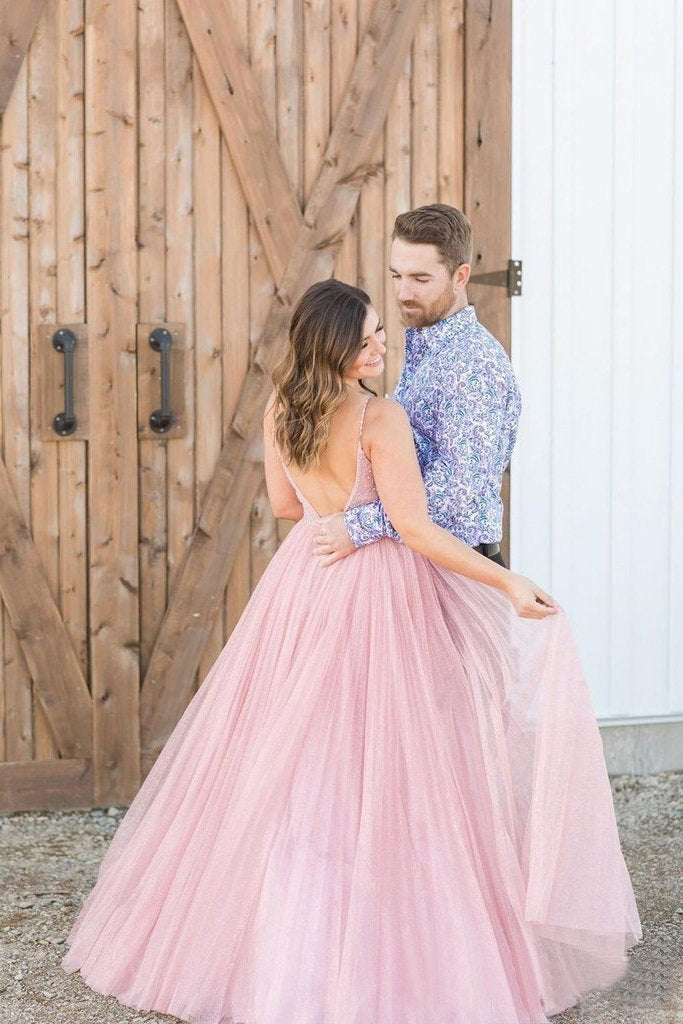 Long Beaded Bodice V-neck Neckline Chiffon Pink Prom Dress Formal Dresses DMS7