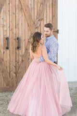 Long Beaded Bodice V-neck Neckline Chiffon Pink Prom Dress Formal Dresses DMS7