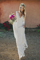 Sheath V-neck Backless Long Sleeves Lace Boho Wedding Dresses DMM83