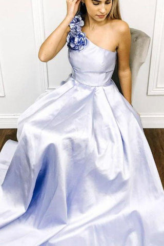 A-line One Shoulder Satin Long Prom Dress With Flowers Evening Dresses DMR60