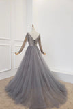 A Line Long Sleeves V Neck Grey Beading Prom Dresses DMS91