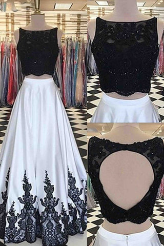 2 Pieces Black And White A-line Lace Top Open Back Prom Dresses DMA001