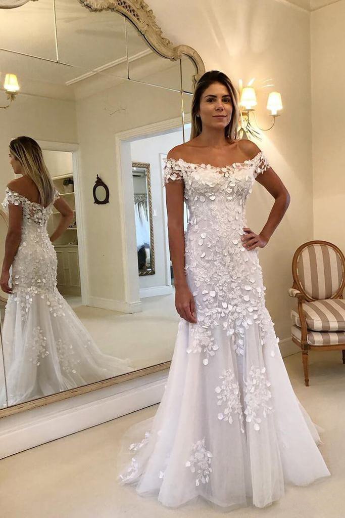 Off The Shoulder Sheath Mermaid Wedding Dresses Lace Appliques Wedding Gowns DMP94