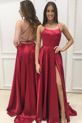 Burgundy Spaghetti Strap Prom Dress with Slit, Sexy Long Party Dresses DMJ86