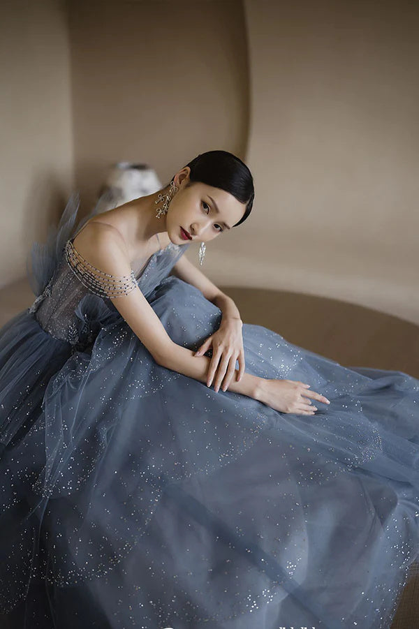 Dusty Blue Sparkly Tulle Beaded Prom Dress, Tiered Formal Gown With Rhinestone DM1932