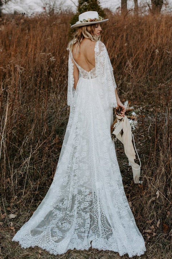 Lace V Neck Backless Boho Wedding Dress A Line Lace Beach Bridal Gown Bellapromdress Lace V Neck Backless Boho Wedding Dress A Line Lace Beach Bridal Gown Bellapromdress