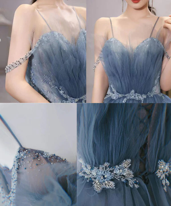 Dusty Blue Sparkly Tulle Beaded Prom Dress, Tiered Formal Gown With Rhinestone DM1932