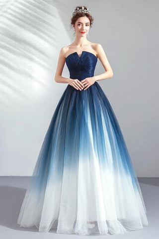 Strapless Ombre A Line  Tulle Prom Dress Long Formal Dresses DMQ74