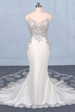 Mermaid Spaghetti Straps Beading Wedding Dress, Elegant Appliques Bridal Dresses DMQ15