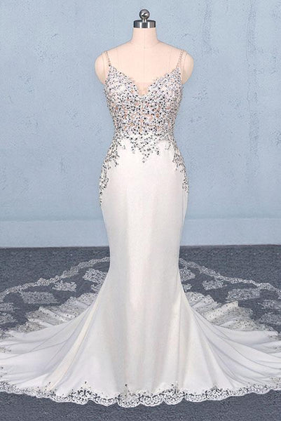 Mermaid Spaghetti Straps Beading Wedding Dress, Elegant Appliques Bridal Dresses DMQ15