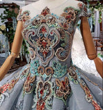 Ball Gown Light Blue Cap Sleeve Long Prom Dresses, Beaded Lace up Quinceanera Dresses DMN75