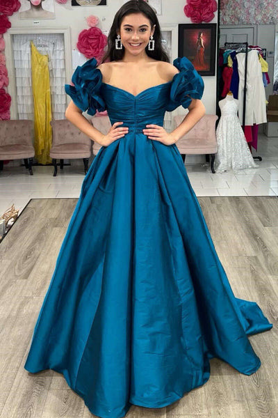 Blue Off-the-Shoulder Ruffles A-Line Prom Dress Formal Evening Dresses DMP305