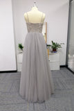 Silver Spaghetti Straps Beaded Bodice Tulle A Line Prom Dresses DMS82