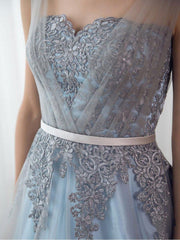Sky Blue Formal Long Lace Appliqued Gray Tulle Prom Dresses Cheap Quinceanera Dresses DMP2
