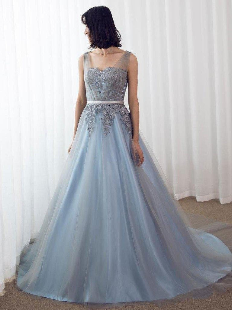 Sky Blue Formal Long Lace Appliqued Gray Tulle Prom Dresses Cheap Quinceanera Dresses DMP2