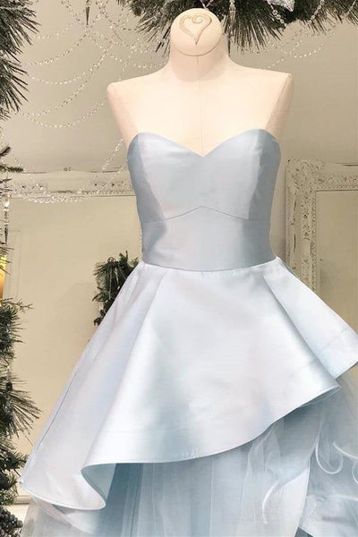 Strapless Light Blue A Line Satin Long Prom Dresses Multi-Layered With Ruffles DMP248