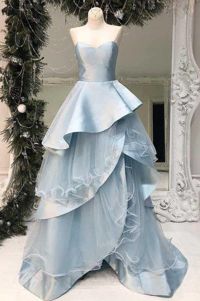 Strapless Light Blue A Line Satin Long Prom Dresses Multi-Layered With Ruffles DMP248
