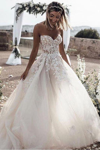 A Line Sweetheart Long Cheap Tulle Wedding Dresses with Lace Appliques DMM81
