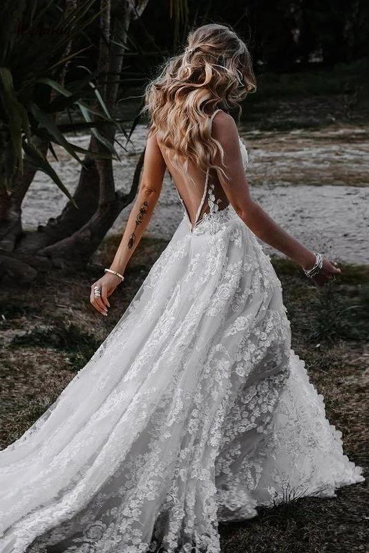 Boho Deep V Neck A Line Lace Wedding Dresses With Slit, Spaghetti Stra Bellapromdress Boho Deep V Neck A Line Lace Wedding Dresses With Slit, Spaghetti Stra Bellapromdress